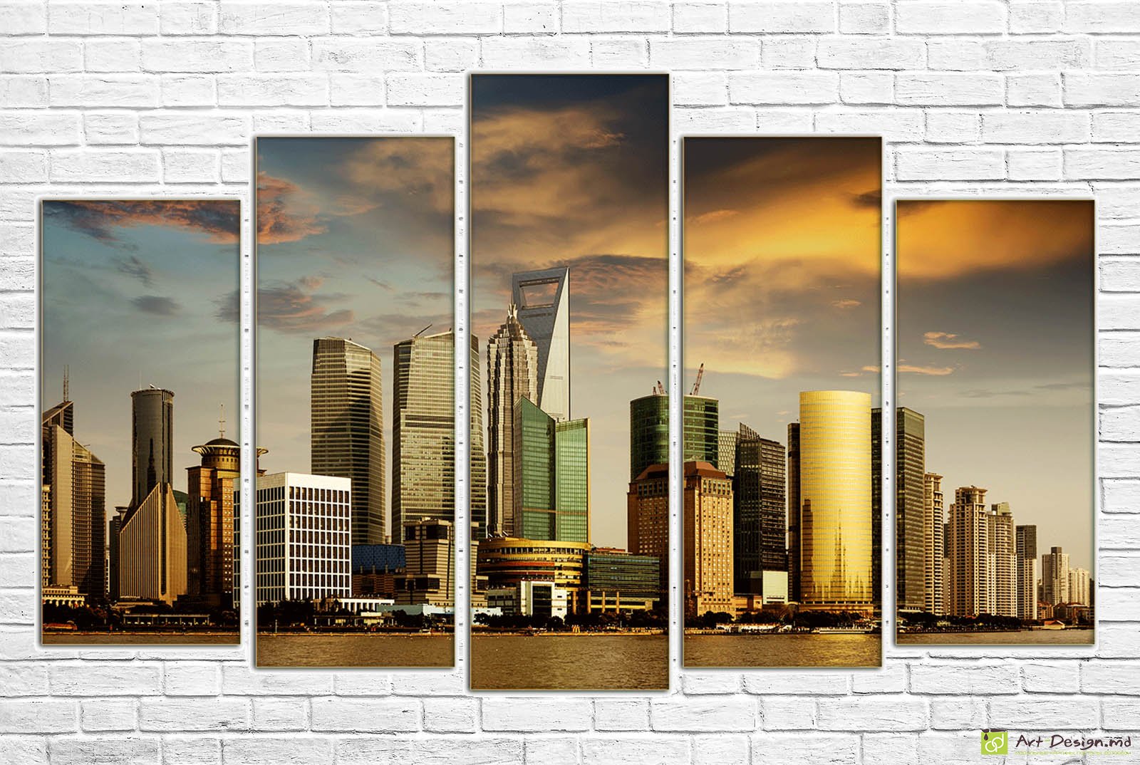 🏙️ Tablou modular Shanghai: Zgârie-nori și apus