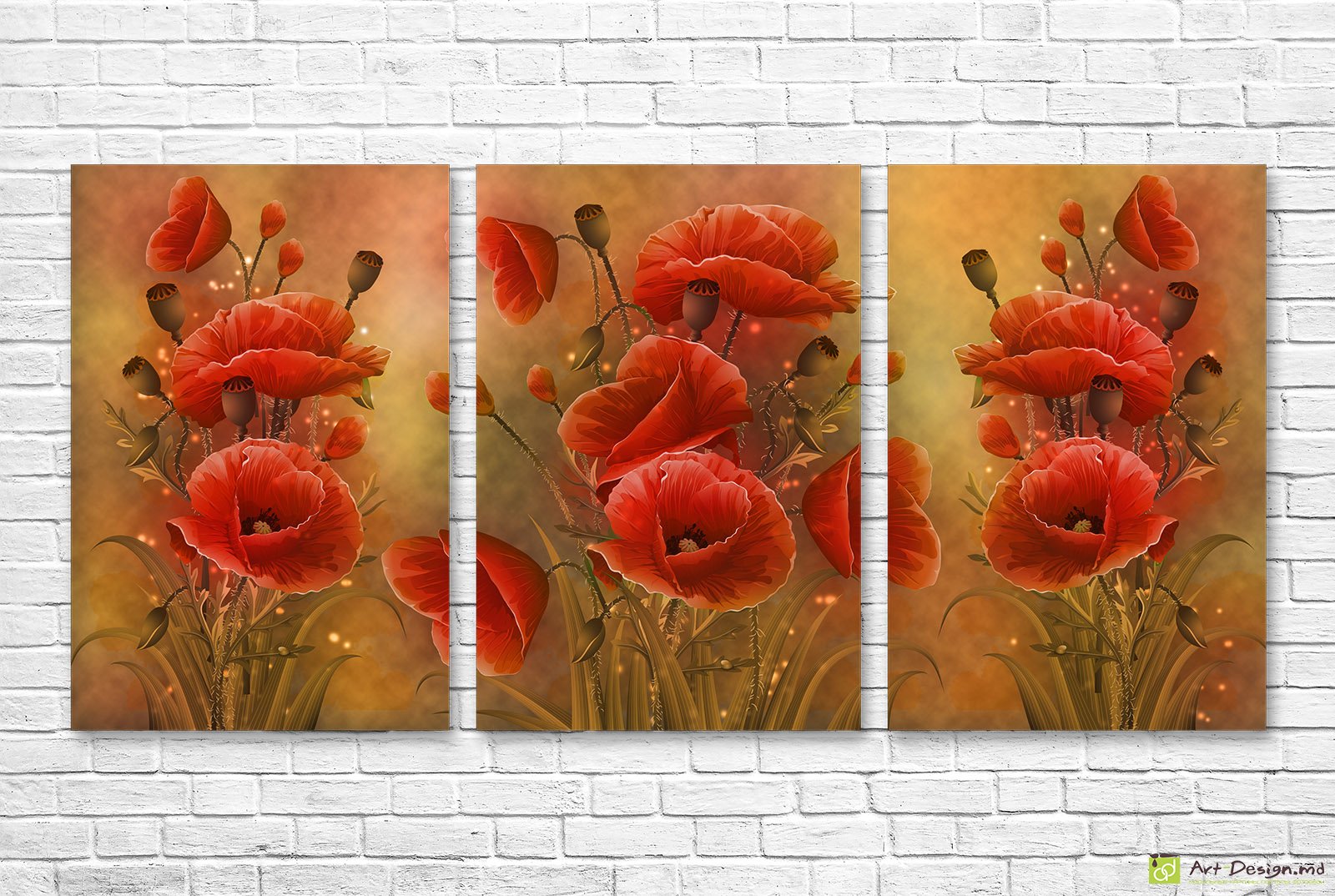 🌺 Модульная картина «Маки в тёплом свете» триптих