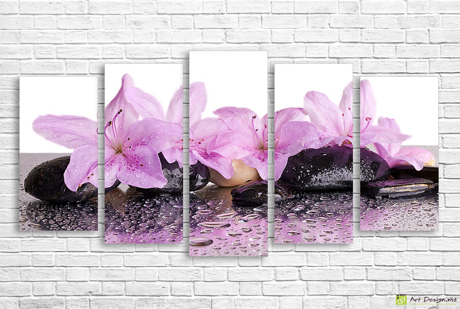 🖼️ Модульная картина розовые азалии на мокрых камнях дзен