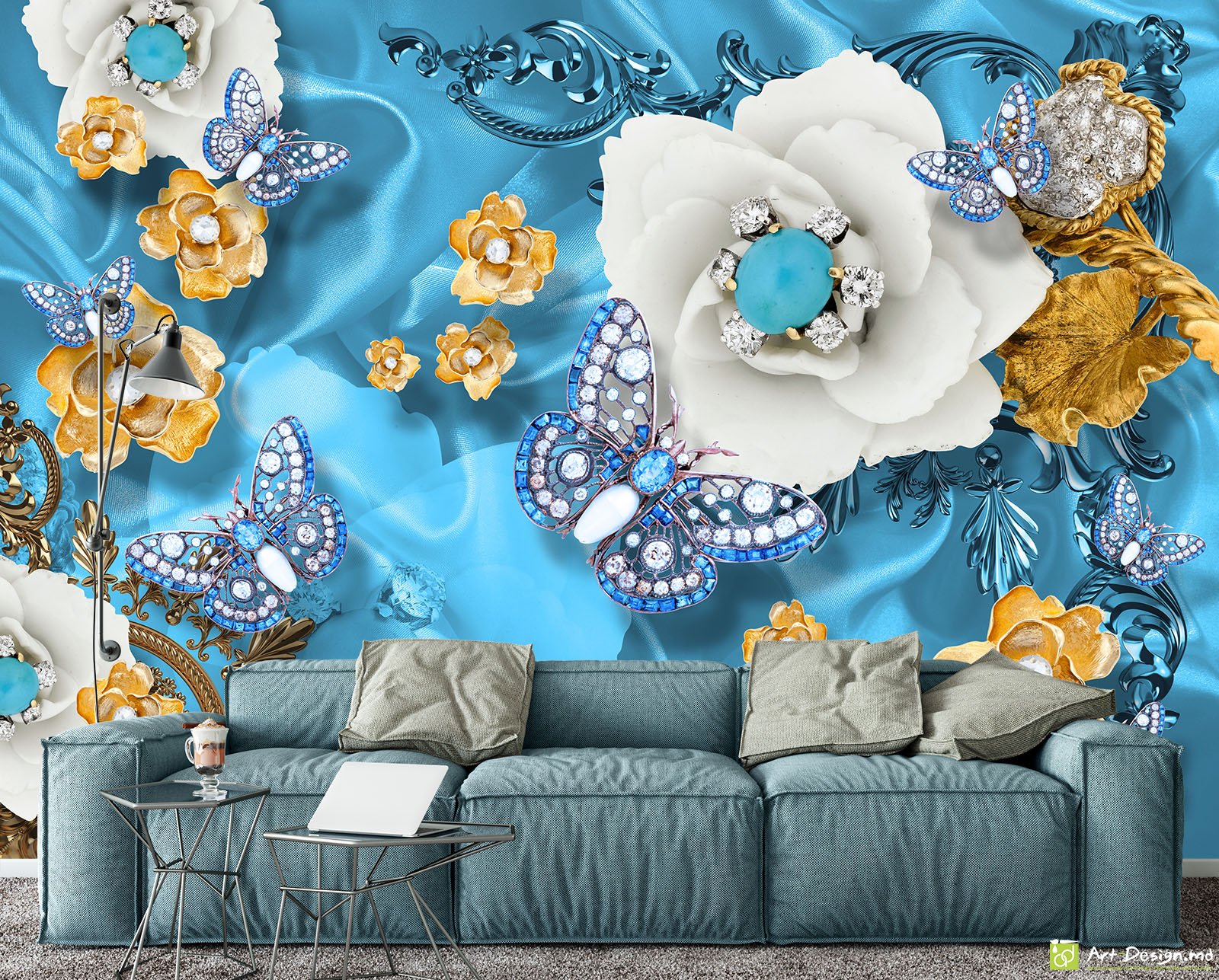 Fototapet cu efectul 3D - Floare albă pe o mătasă albastră