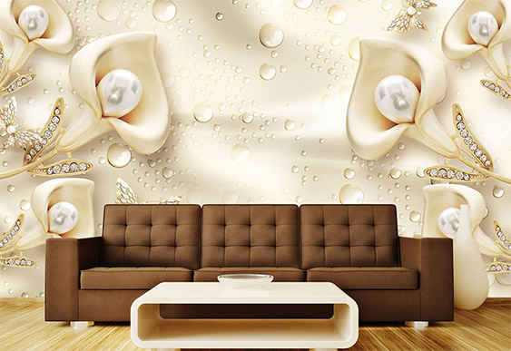 Фотообои с 3D эффектом - Золотые каллы на шелке_2