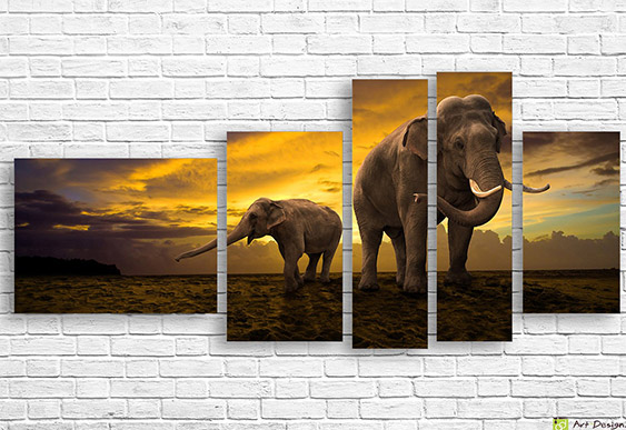 🐘 Модульная картина Семья слонов в золотой саванне