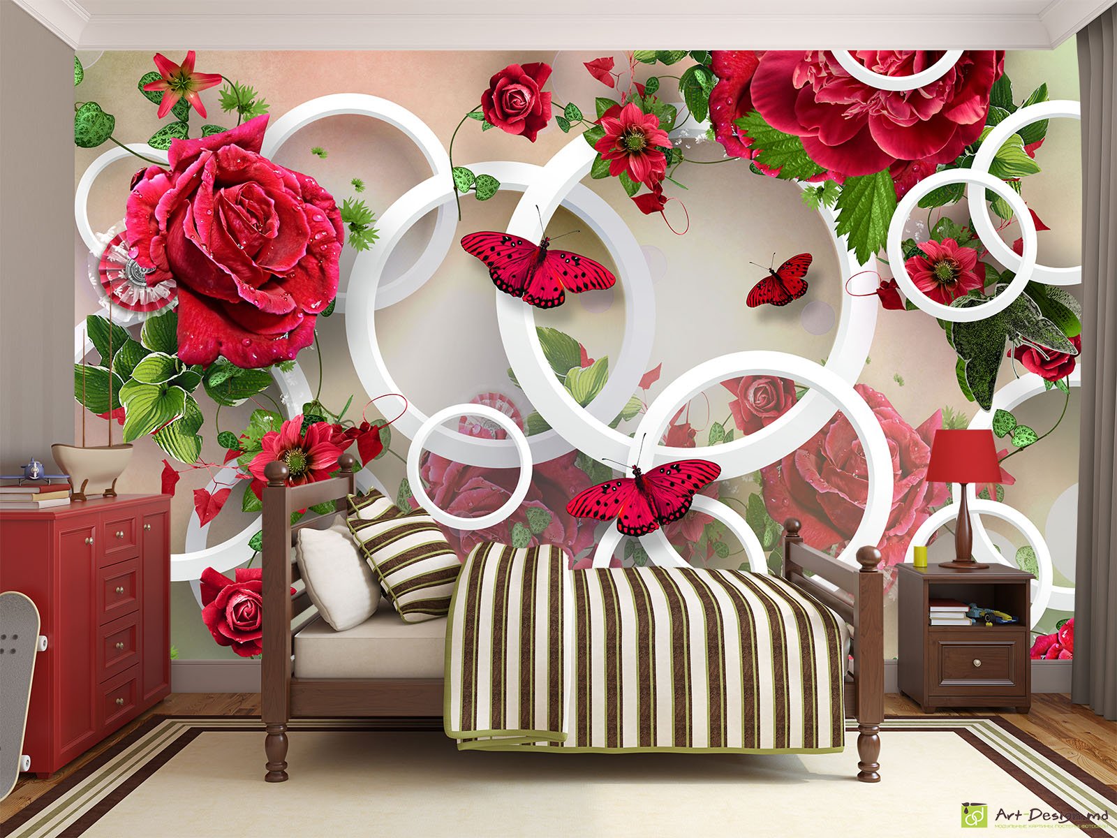 Fototapet cu efectul 3D - Cercuri trandafiri roșii și fluturi
