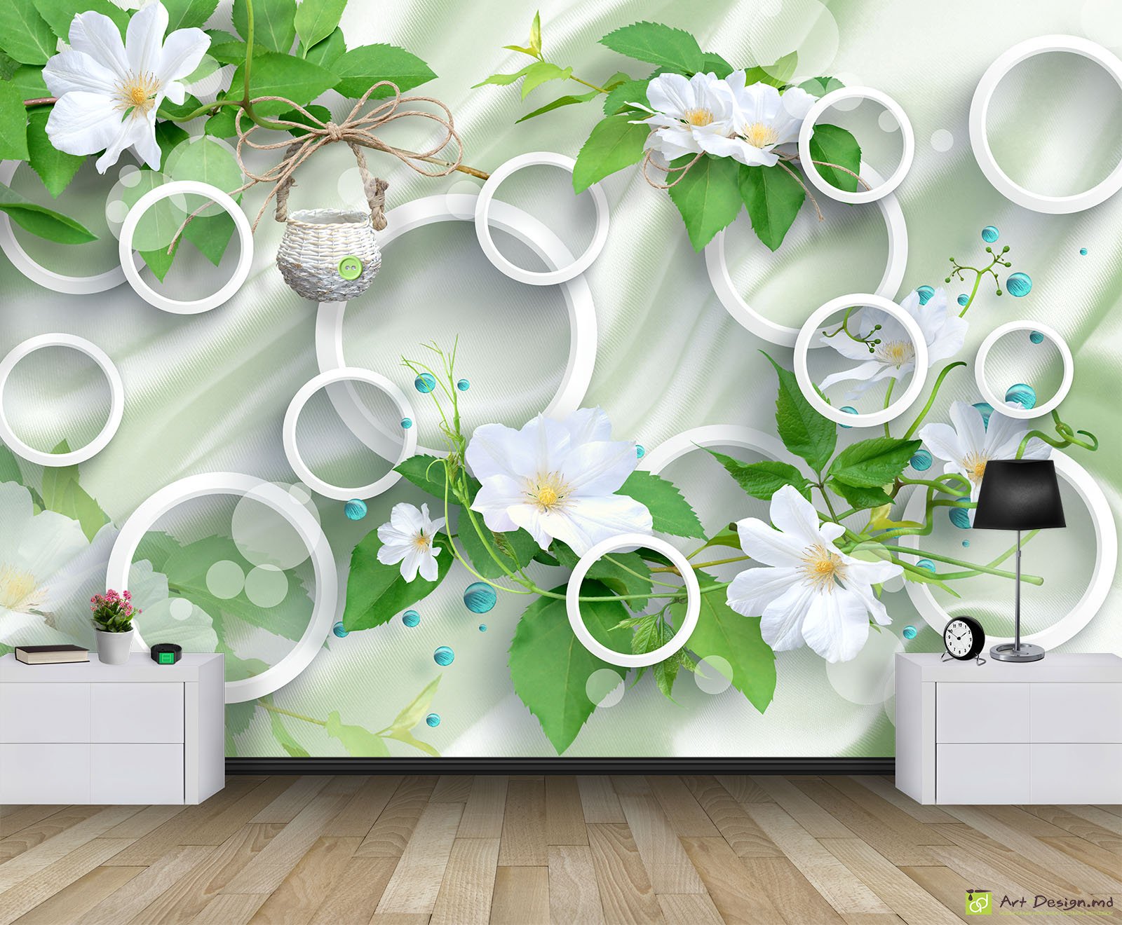Fototapet cu efectul 3D - Cercuri, Clematis alb pe mătasa
