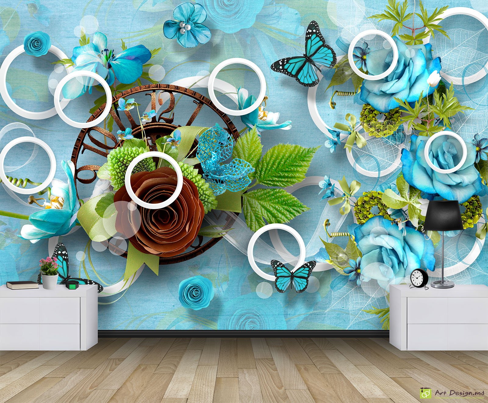 Fototapet cu efectul 3D  - Cercuri și flori pe un fundal inului