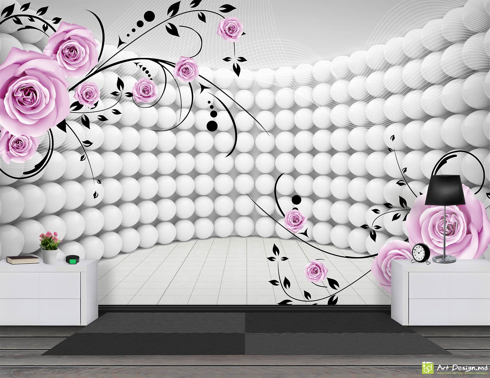 Fototapet cu efectul 3D - Bile 3D în perspectivă și trandafiri