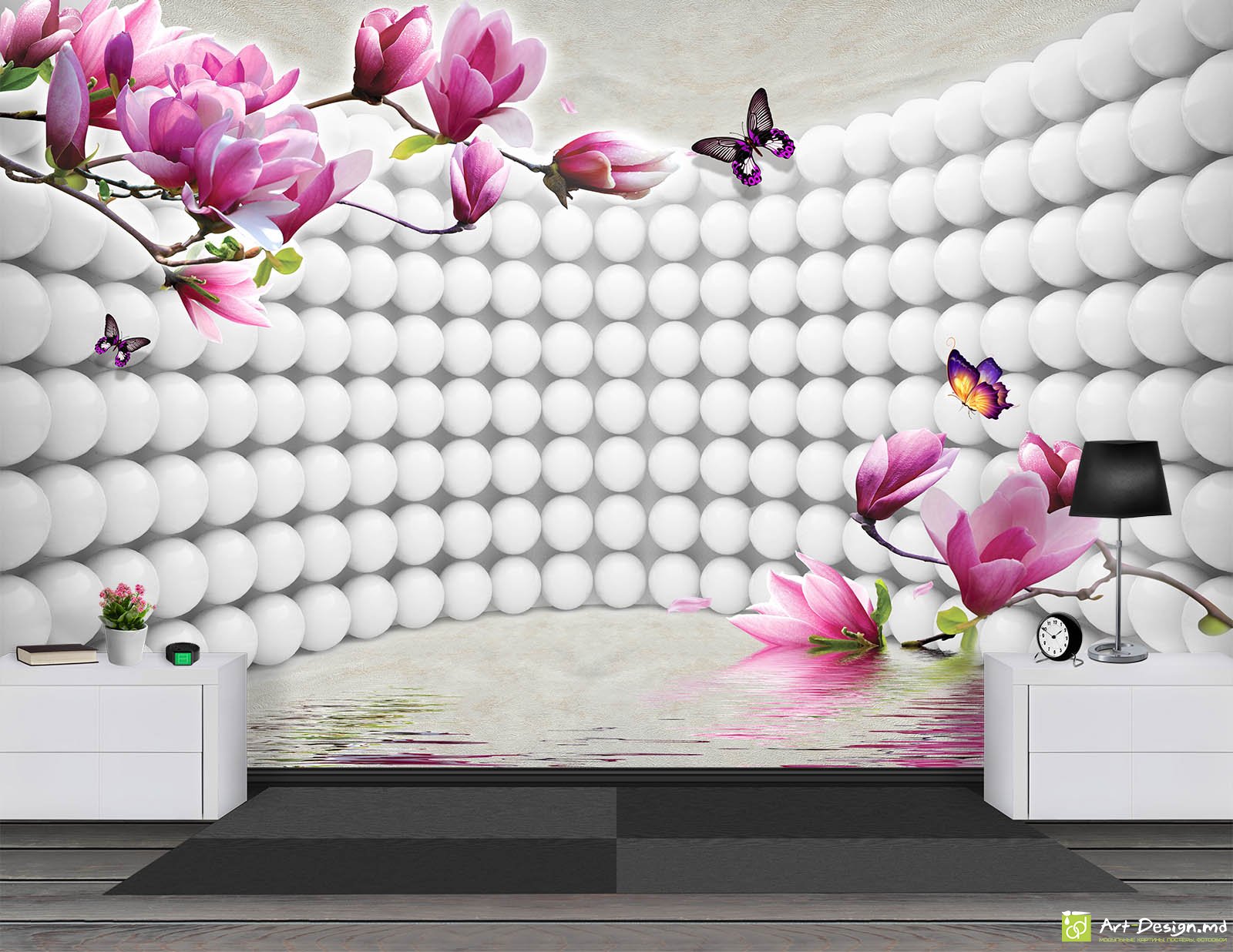 Фотообои с 3D эффектом - Шары 3D в перспективе и магнолия