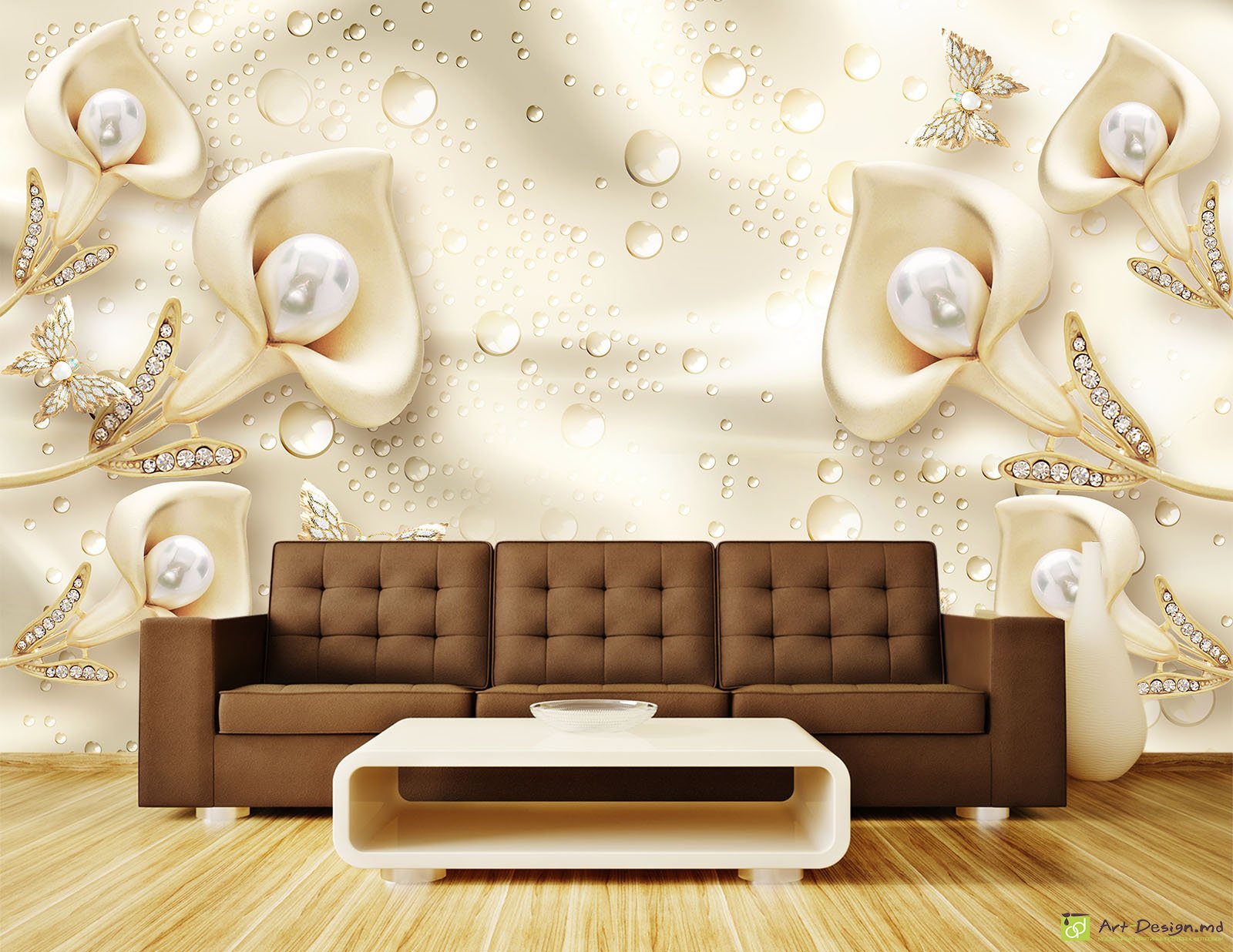 Фотообои с 3D эффектом - Золотые каллы на шелке_2