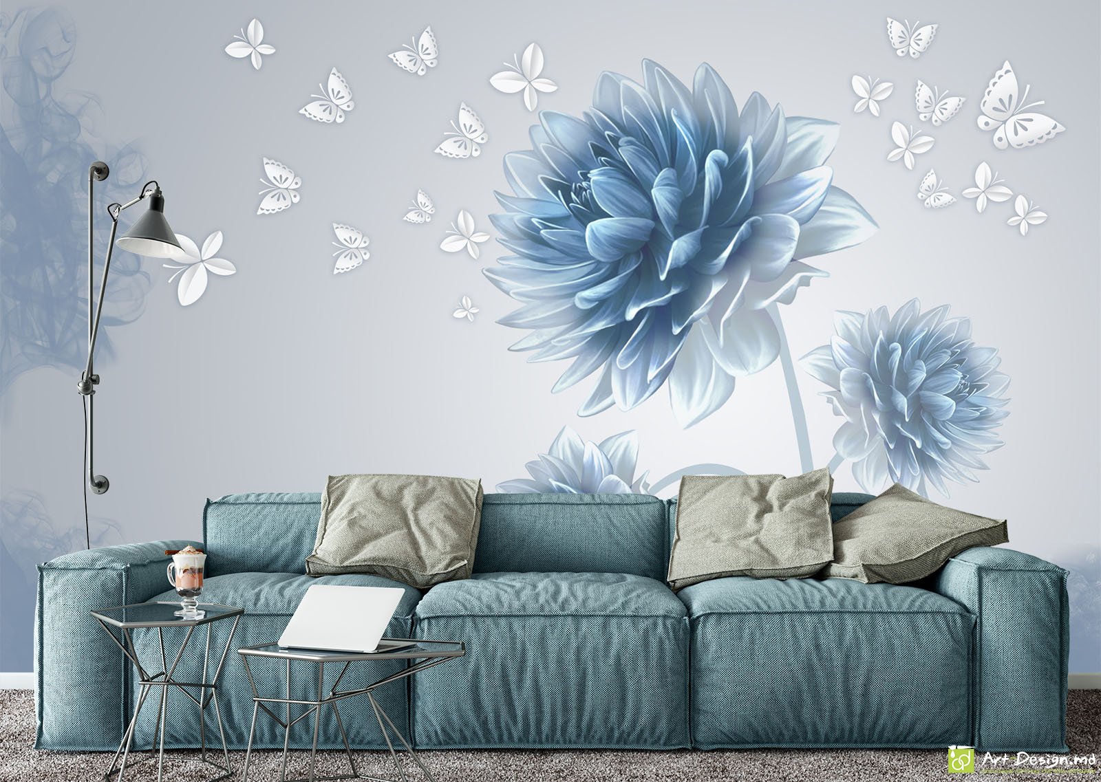 Fototapet Flori - Dalii pe un fundal albastru