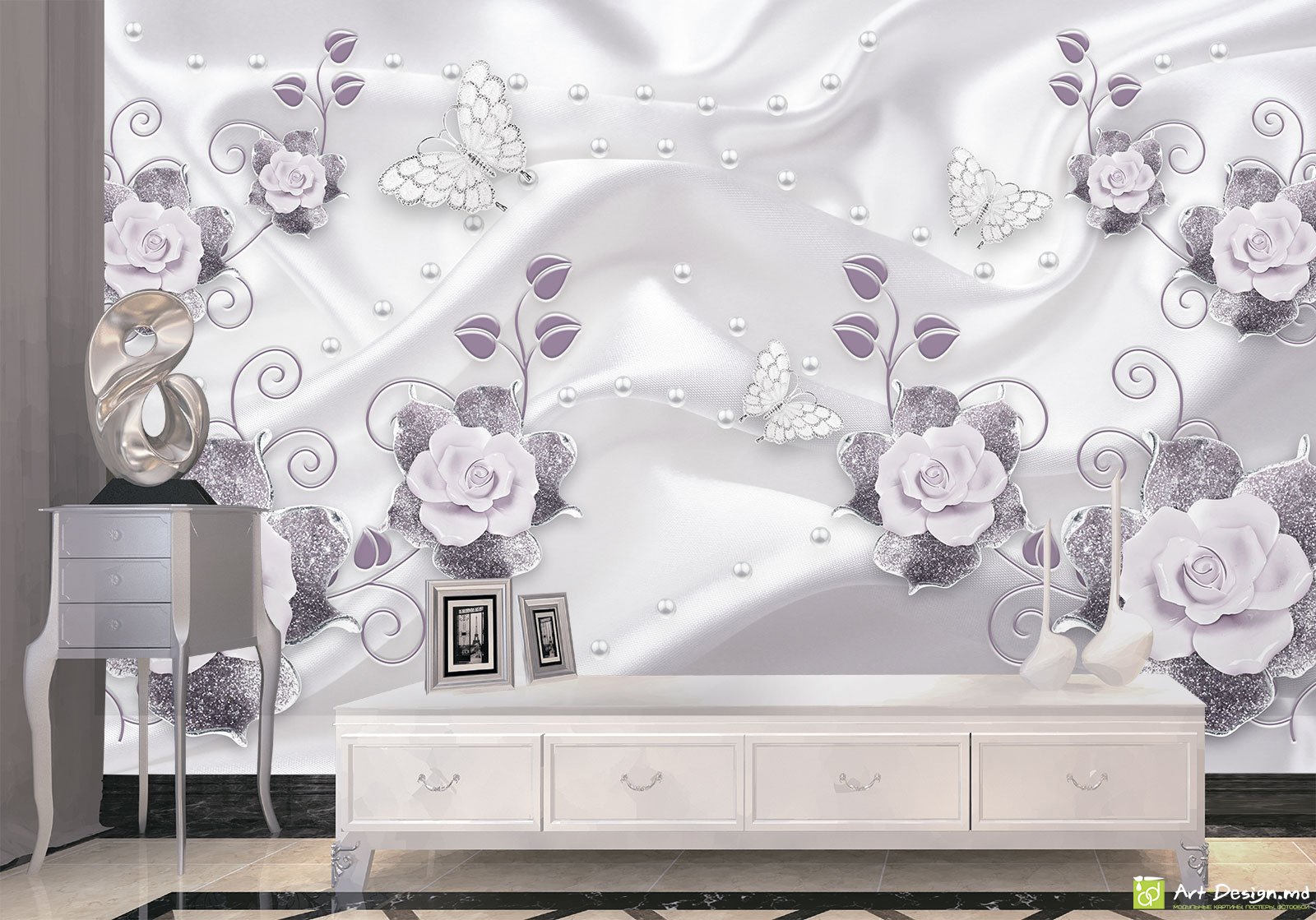 Фотообои - Светлый фон с бриллиантовыми цветами_4