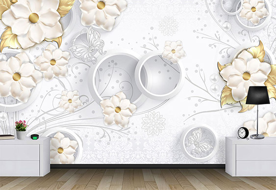 Фотообои на заказ - Золотые цветы на светлом фоне