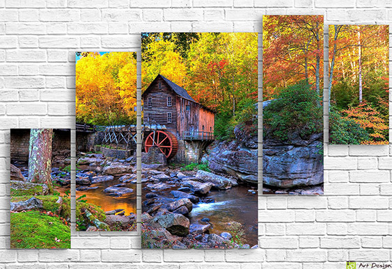 🍁 Модульная картина Осенняя мельница у реки