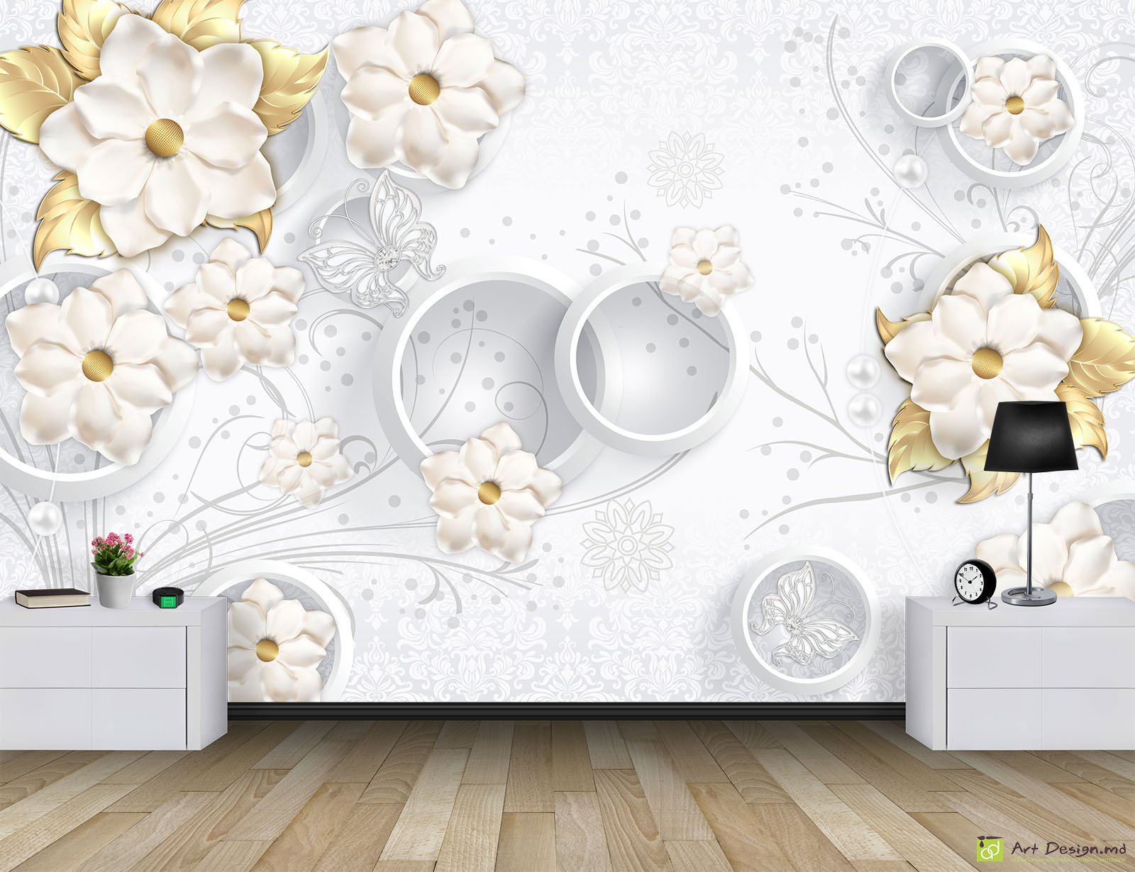 Фотообои на заказ - Золотые цветы на светлом фоне