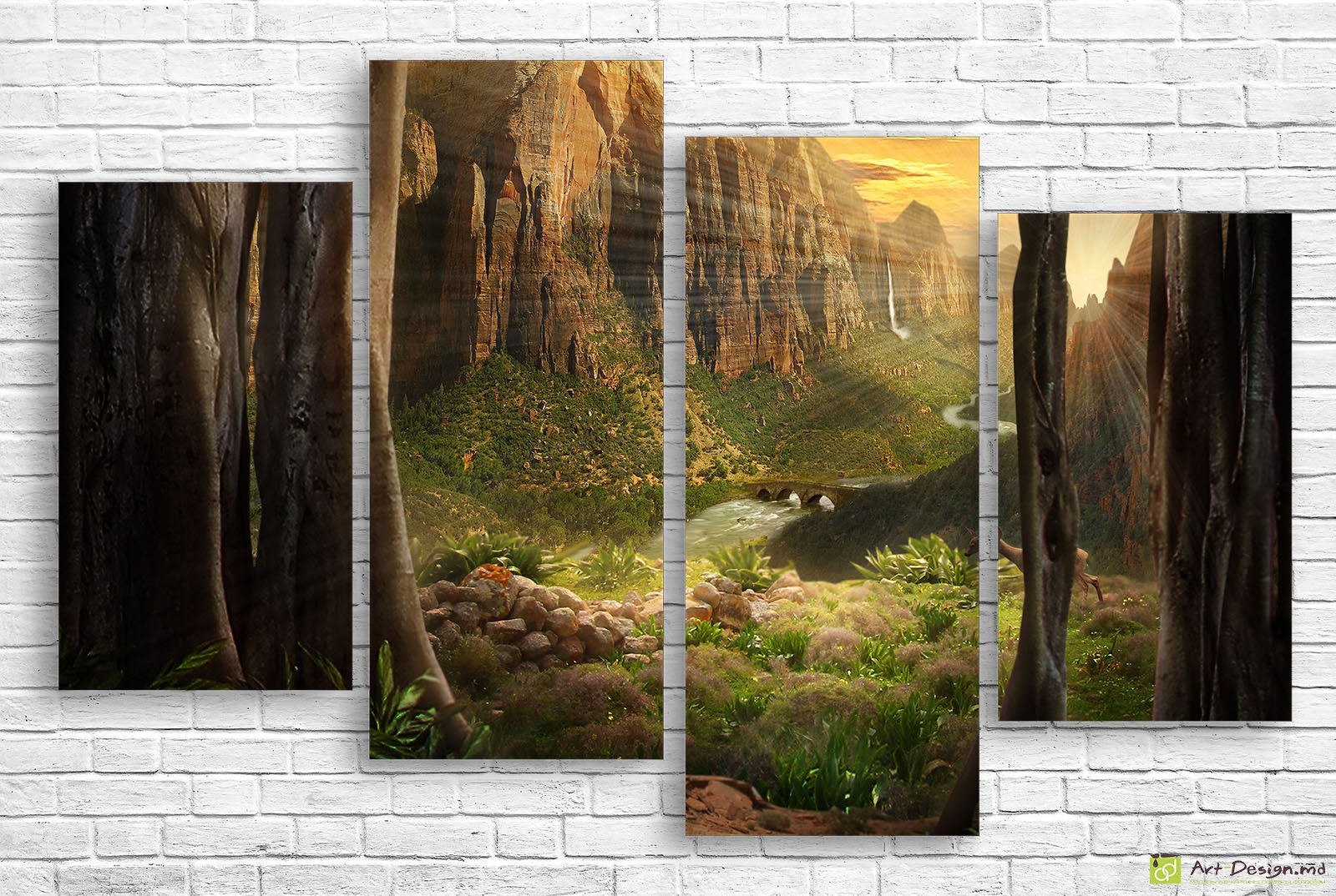 🏞️ Tablou modular Peisaj montan cu cascadă și pod vechi