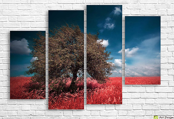 🌳 Tablou modular „Copac solitar în câmp roșu”