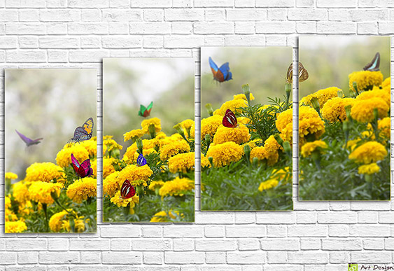 🌼 Tablou modular „Flori galbene și fluturi”