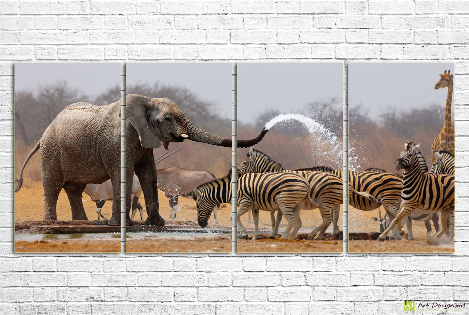 🐘 Модульная картина Слон и зебры у водопоя в саванне