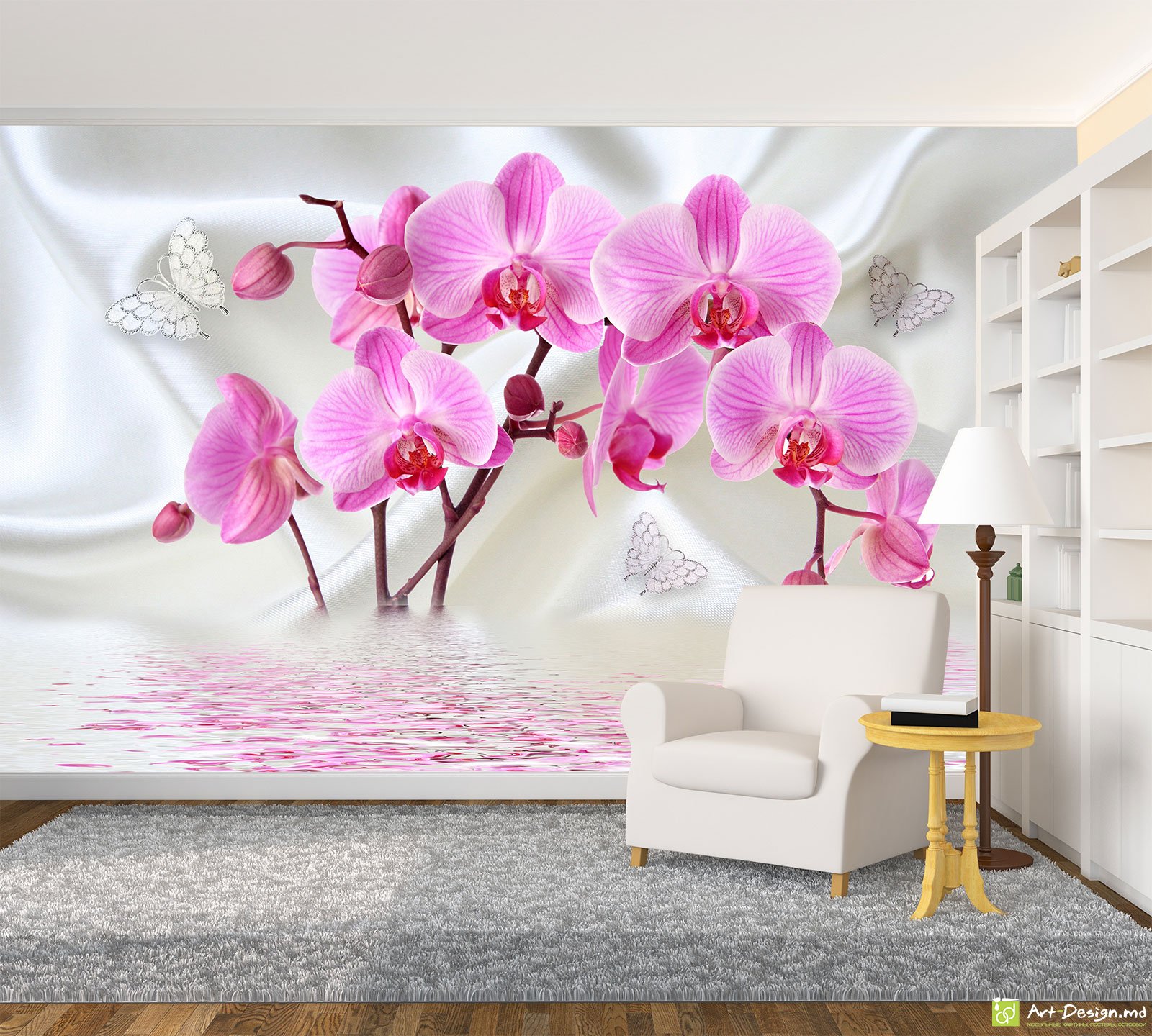 Fototapet la comandă - Orhideea cu fluturi pe matasa