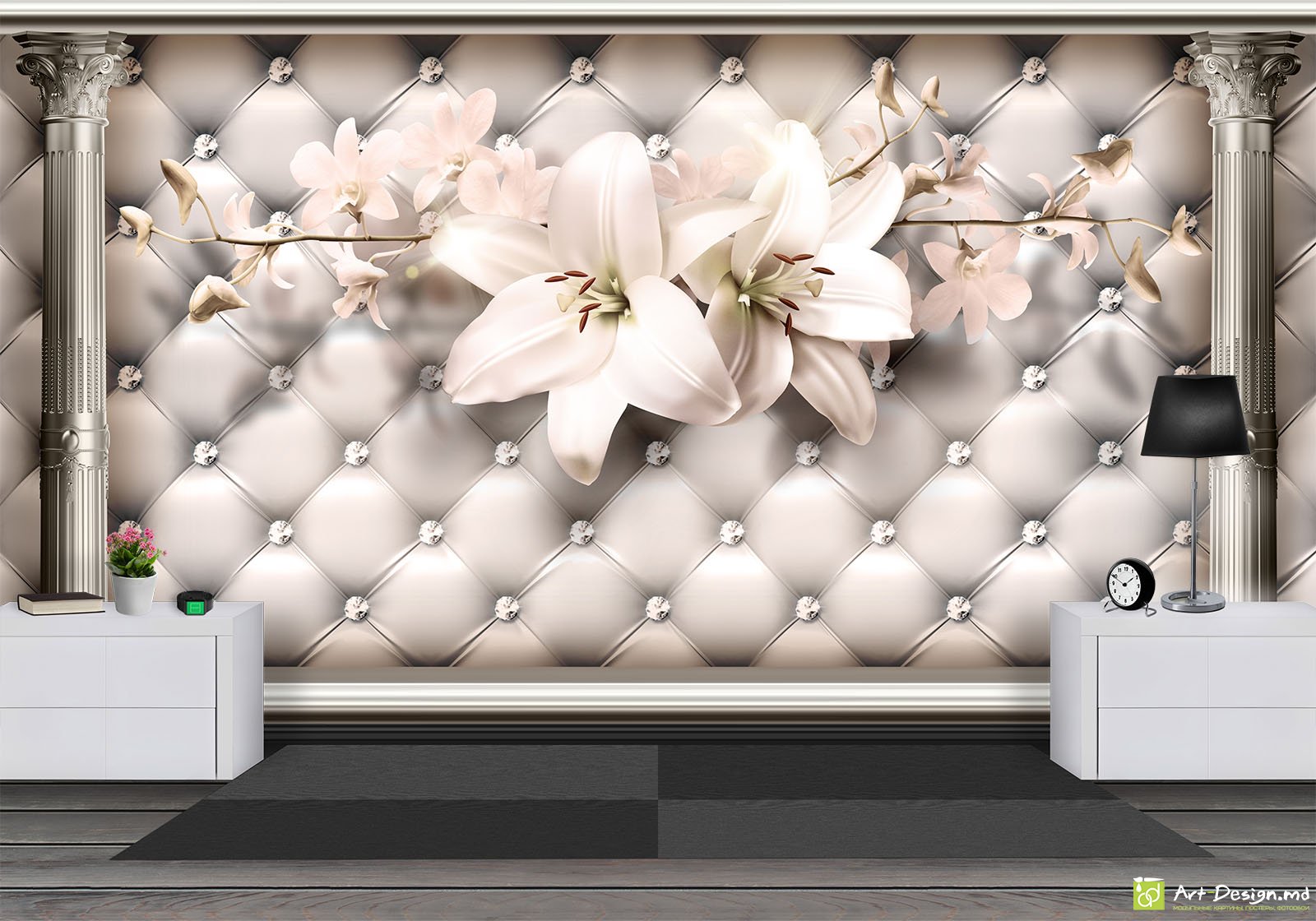 Fototapet la comandă - Coloane, crini pe tapițerie