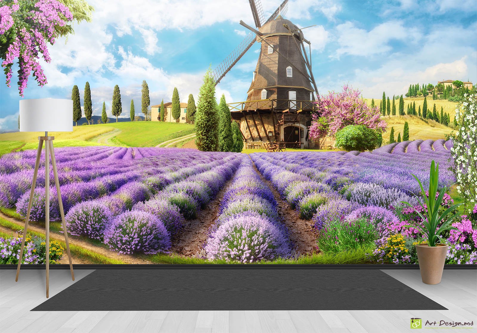 Fototapet la comandă - Câmp cu levănțică și moară