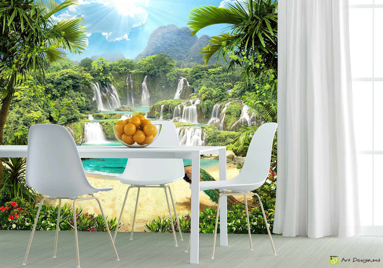 Fototapet la comandă - Cascada, păuni, natura