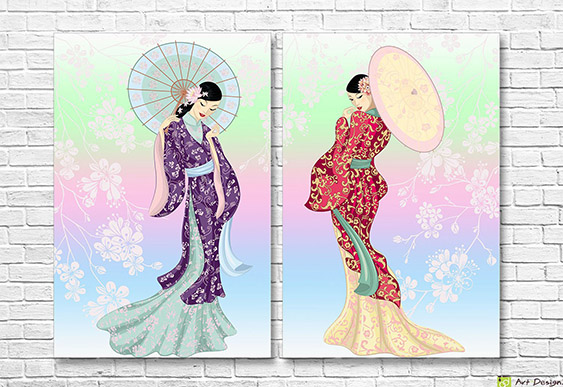 🌸 Tablou modular „Fete orientale cu umbrele”