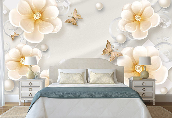 Fototapet la comanda - Fundal deschis, flori și fluturi