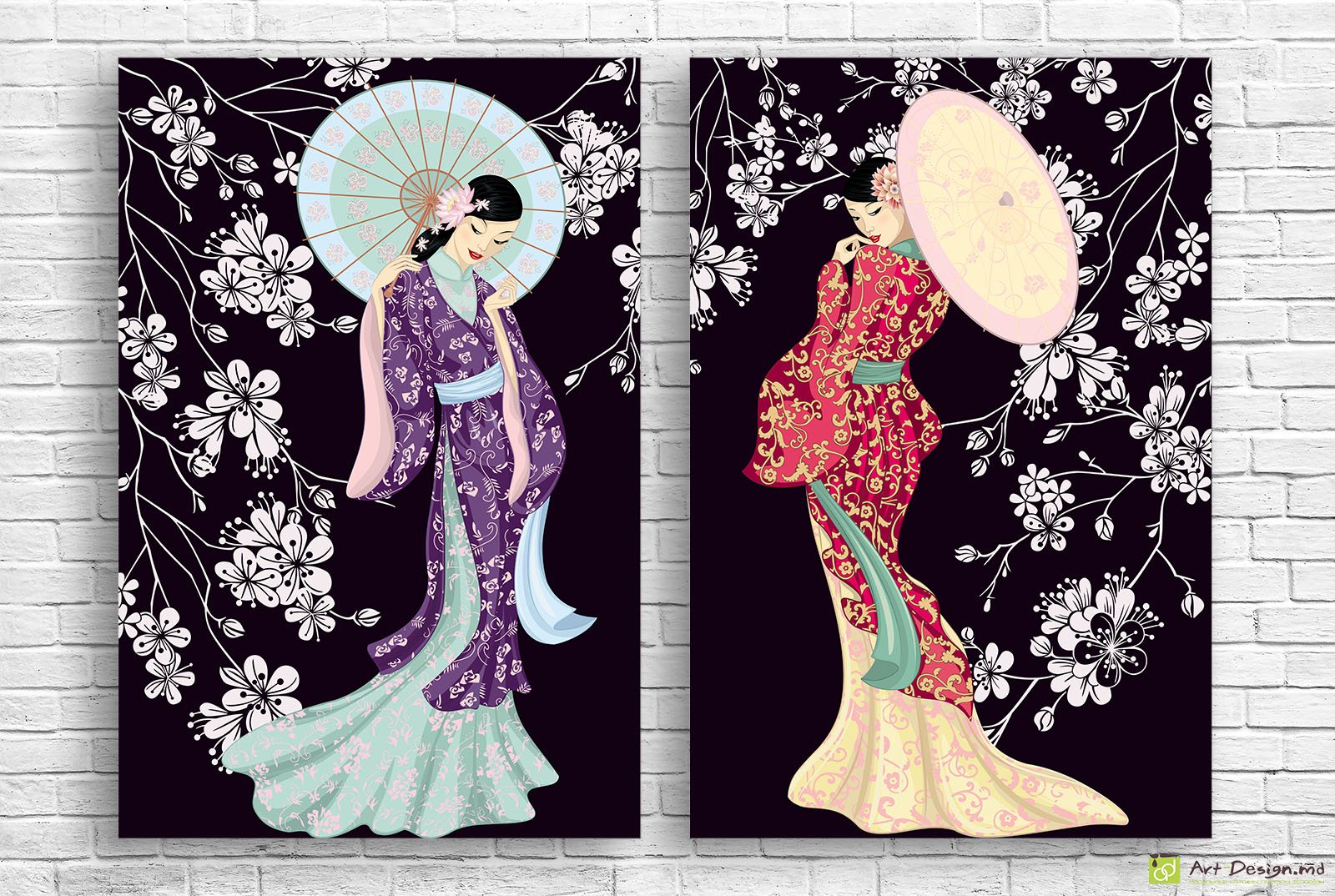 🎎 Модульная картина Японские гейши с зонтиками и сакурой