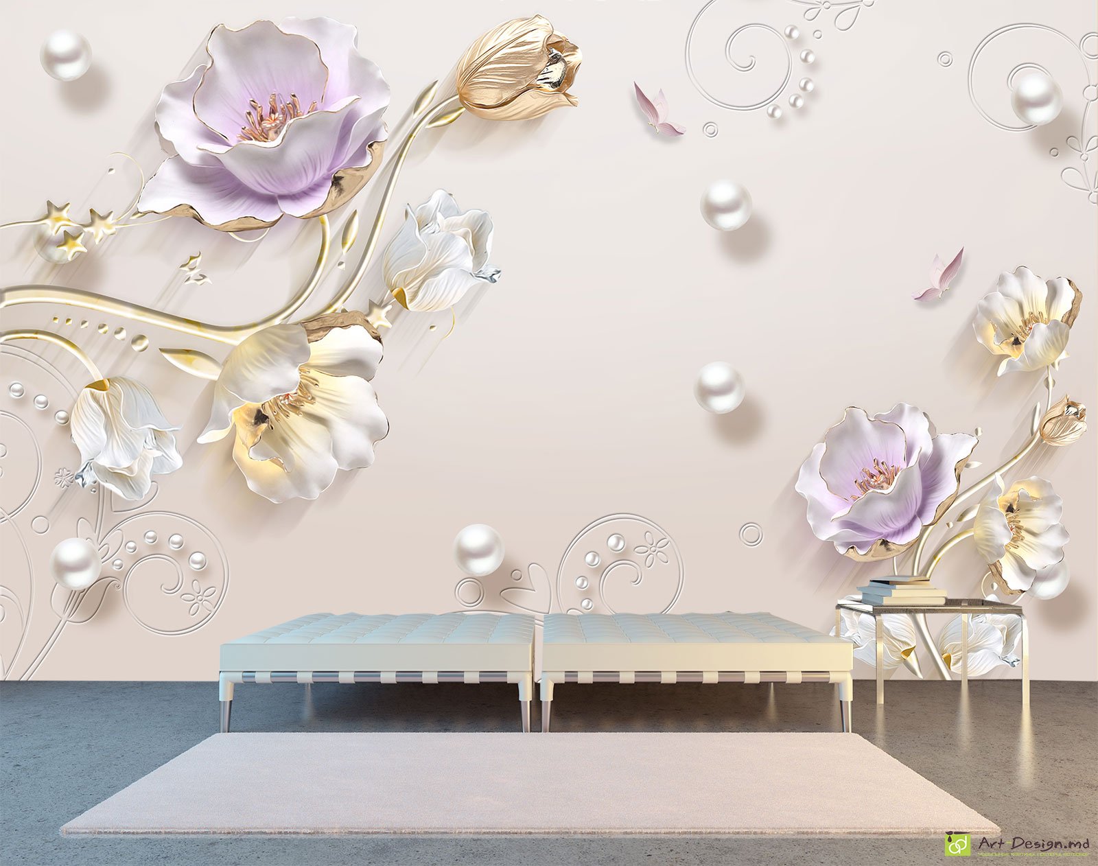 Фотообои на стену - Светлый фон с жемчужиной и цветами