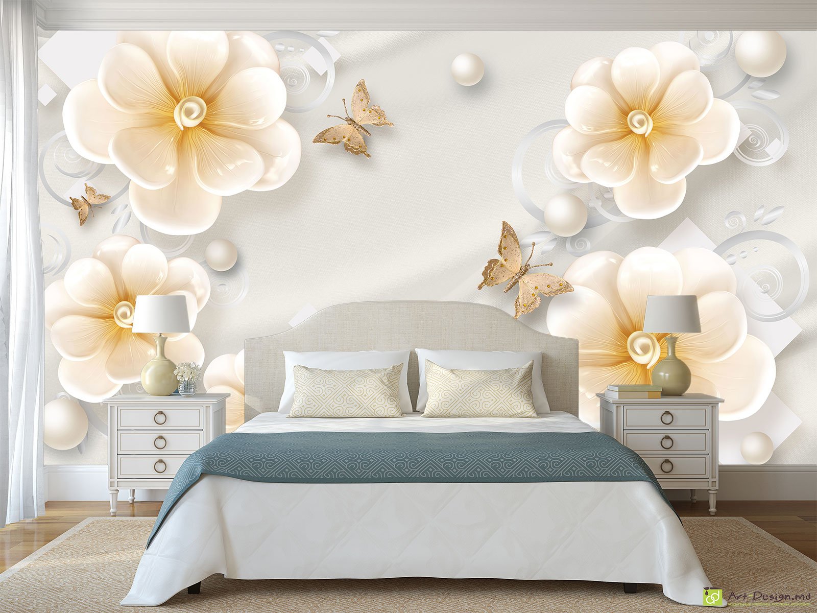 Фотообои на стену - Светлый фон, цветы и бабочки