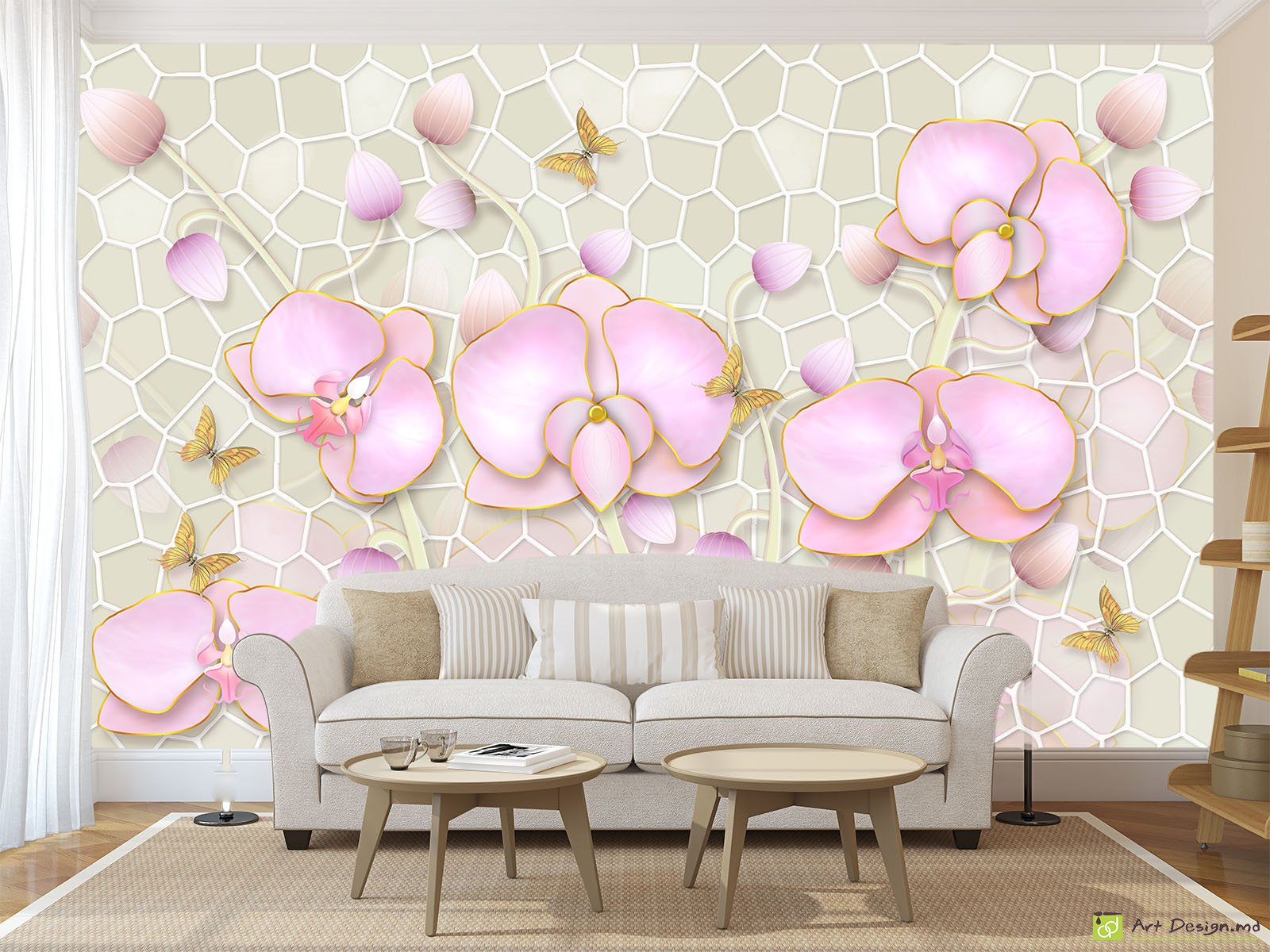 Фотообои на стену - Орхидеи и бабочки на светлом фоне