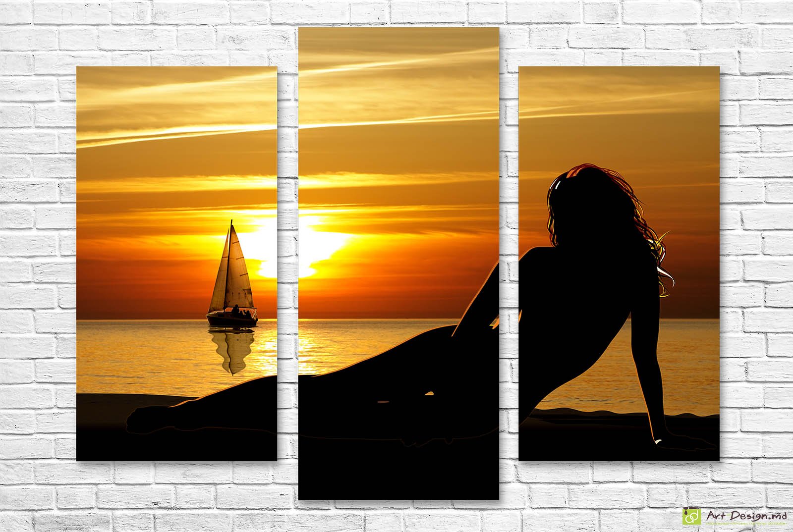 🌅 Модульная картина Силуэт девушки и парусник на закате