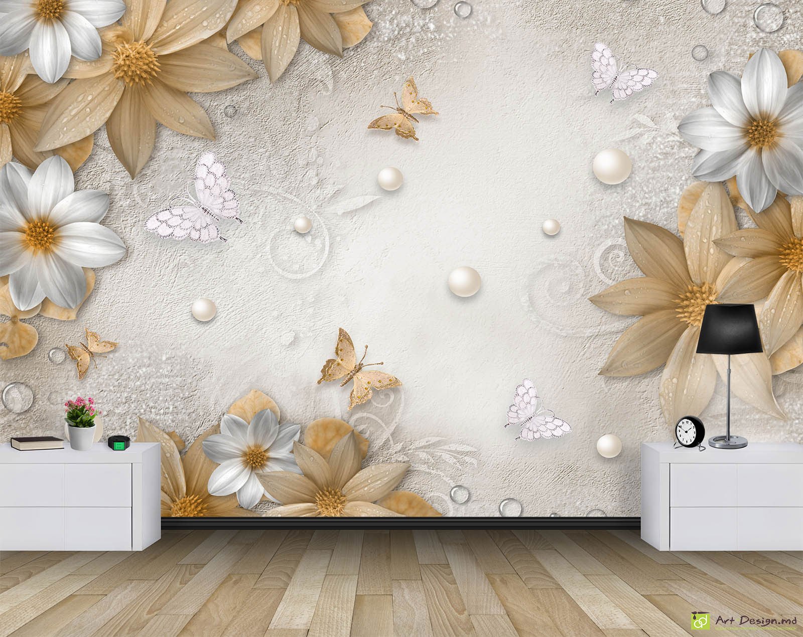 Фотообои на стену - Цветы и бабочки на винтажном фоне