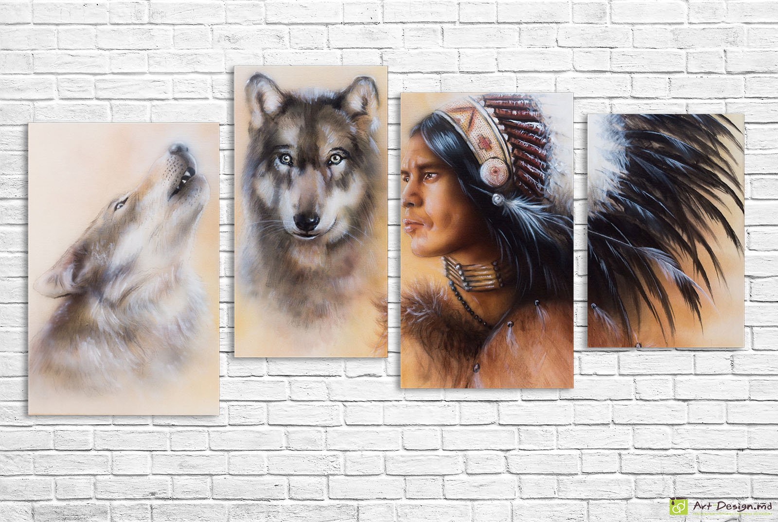 🐺 Модульная картина Волки и индеец с перьями