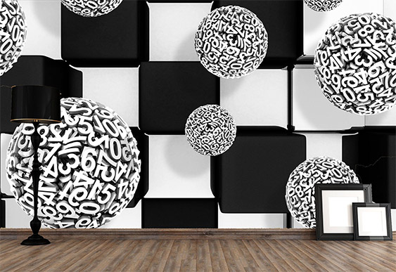 Fototapet cu efect 3D - Patrat negru şi alb cu baloane din cifre