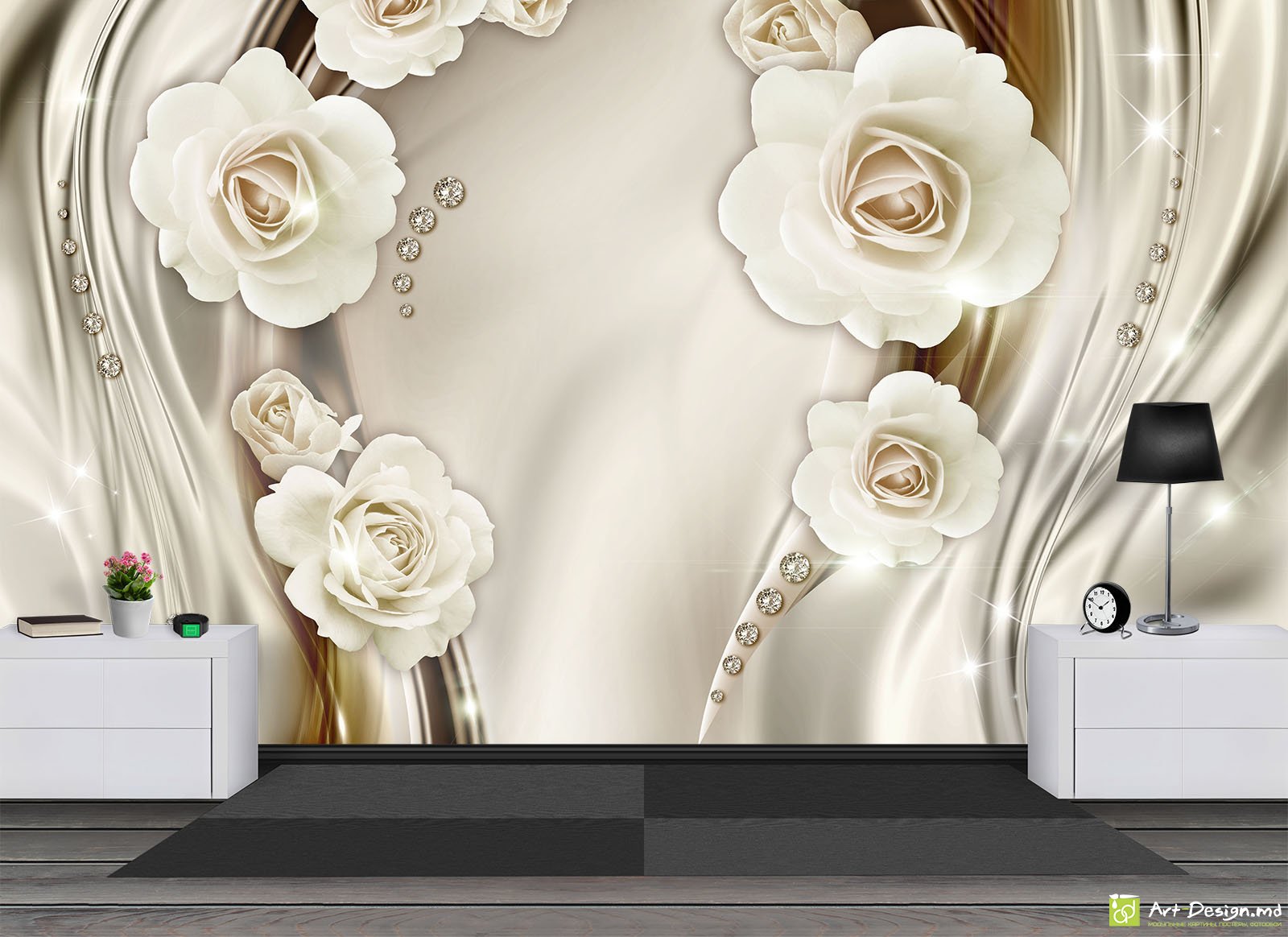 Фотообои на стену - Цветы и бриллианты на абстрактном фоне