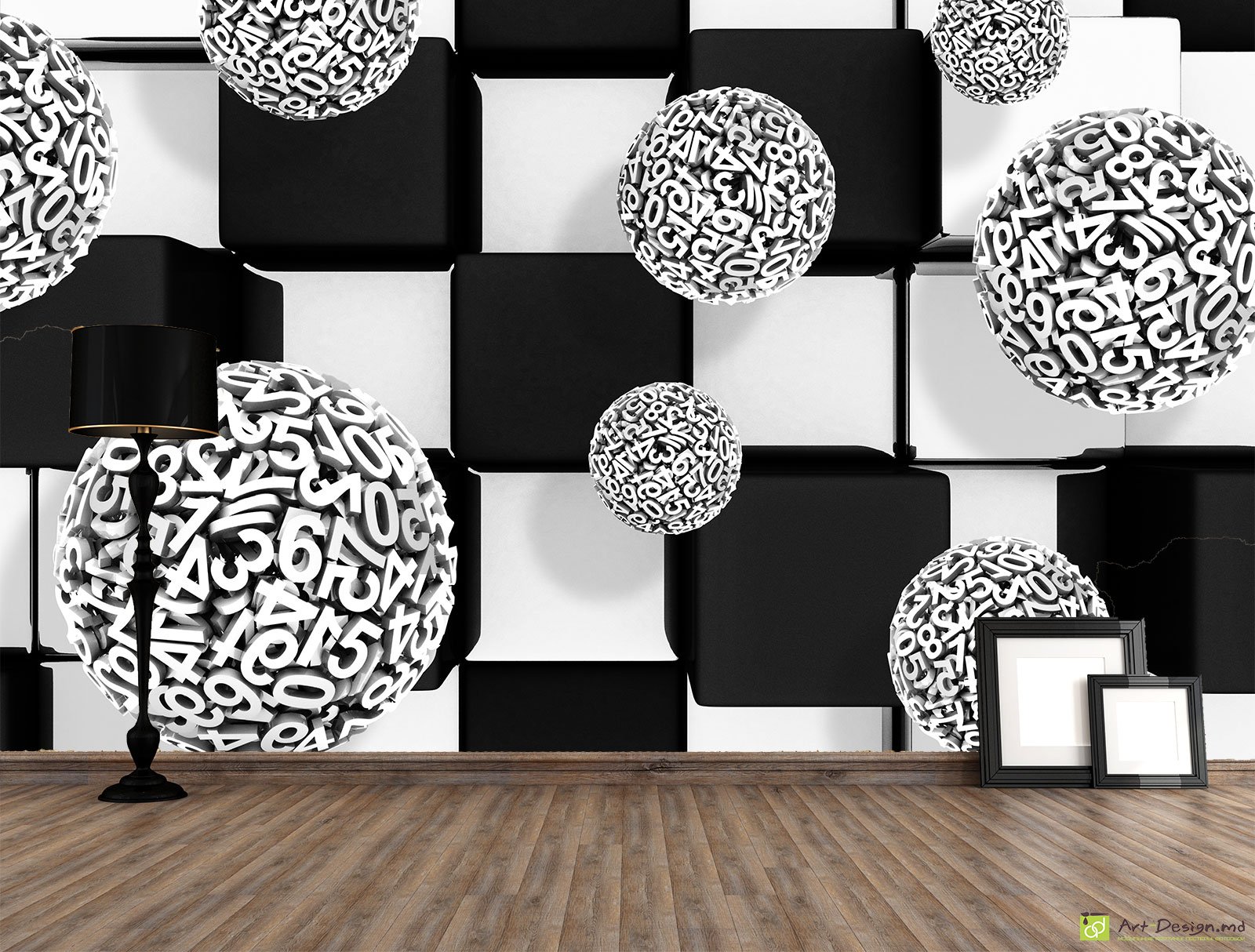 Фотообои на стену - Черные и белые квадраты с шарами из цифр