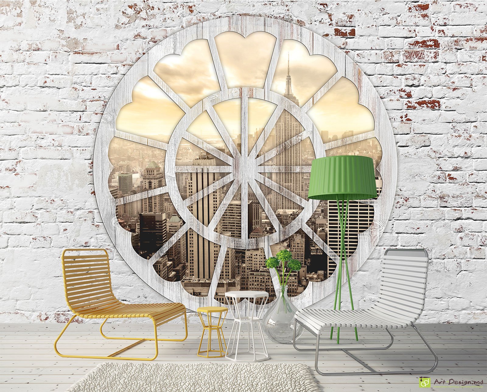 Fototapet la comanda - Perete din cărămidă și fereastra cu vedere spre oraș