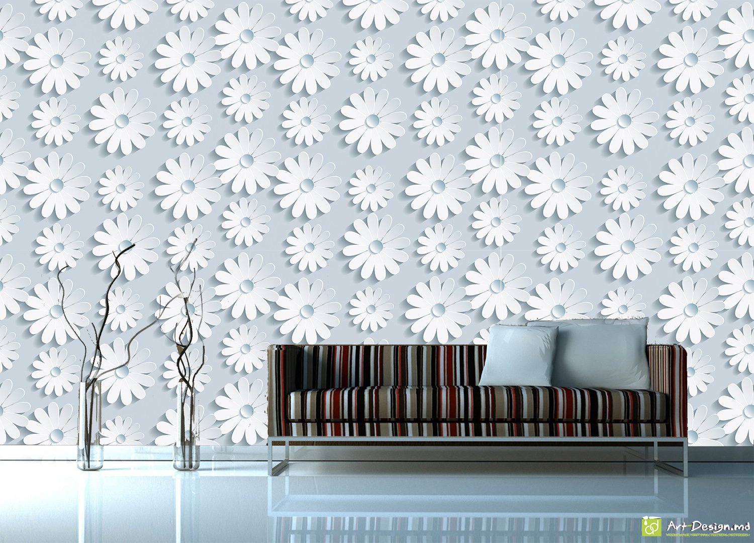 Fototapet cu efect 3D - Flori pe un fundal albastru_2