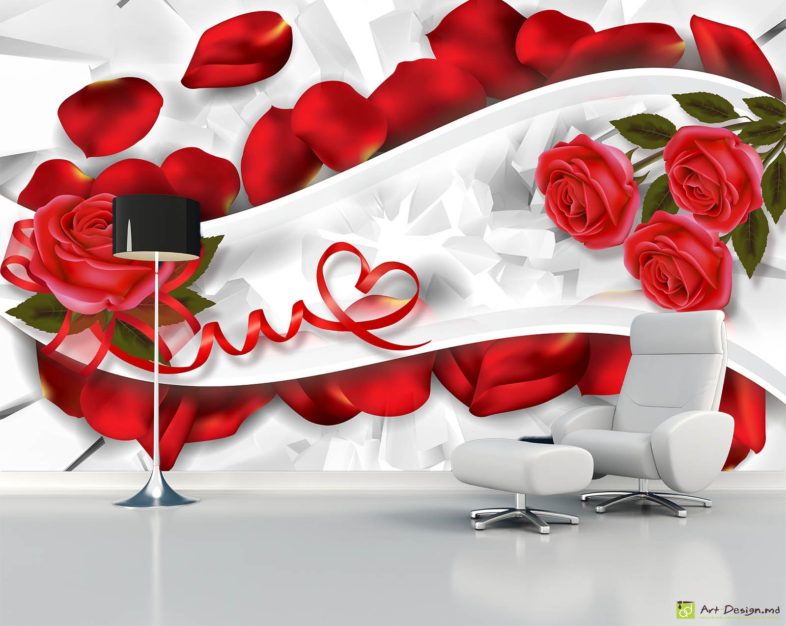 Fototapet la comanda - Trandafiri roșii și petale