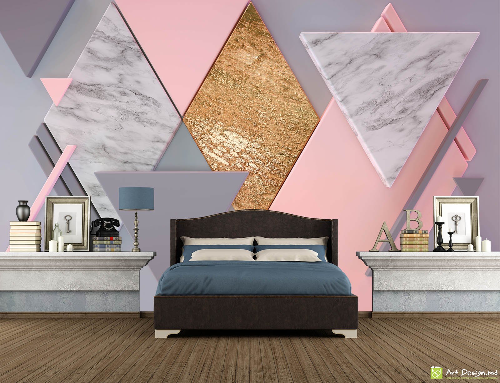 Фотообои на стену - 3D квадраты и ромбы на темном фоне