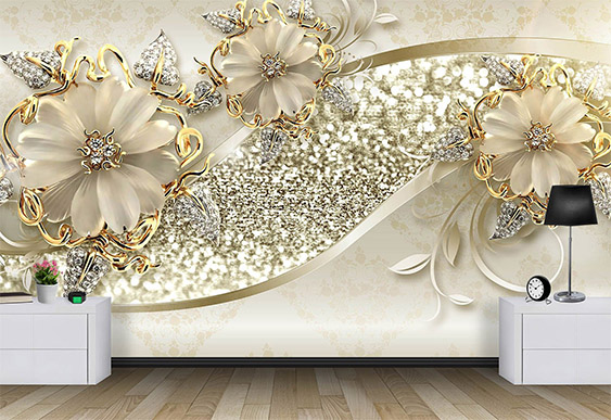 Fototapet la comandă, Digital - Grafică, Flori pe fundal de aur