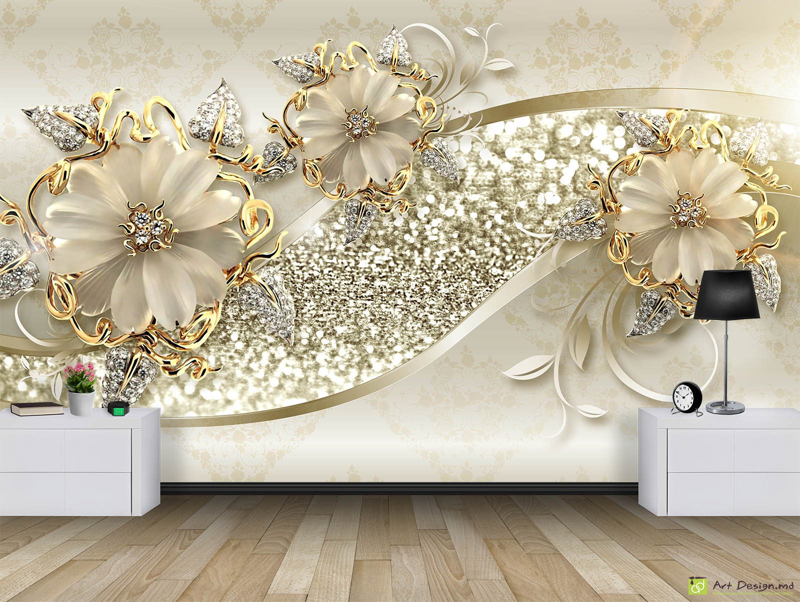 Fototapet la comandă, Digital - Grafică, Flori pe fundal de aur