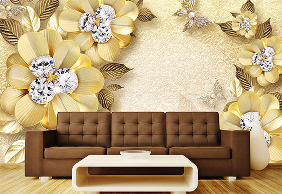 Fototapet cu efect 3D - Flori realizate din diamante si petale galbene pe fond galben