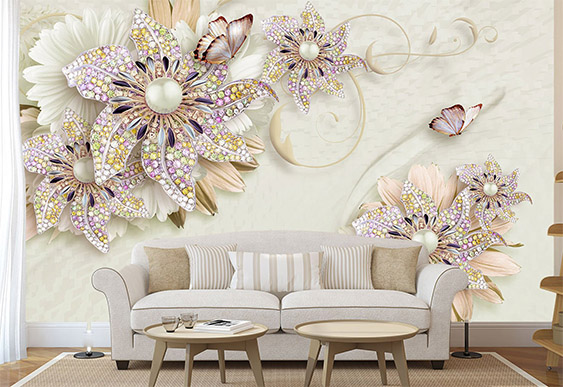 Fototapet la comanda - Flori multicolore cu fluturi pe fundal deschis