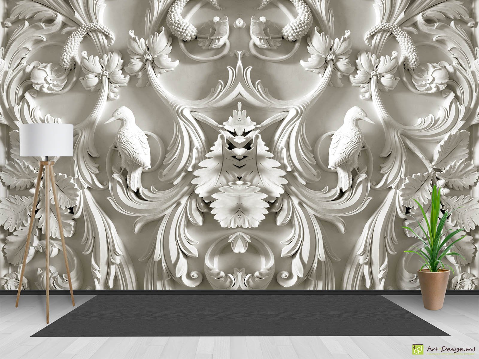 Fototapet cu efect 3D - Păsări din gips și bucle