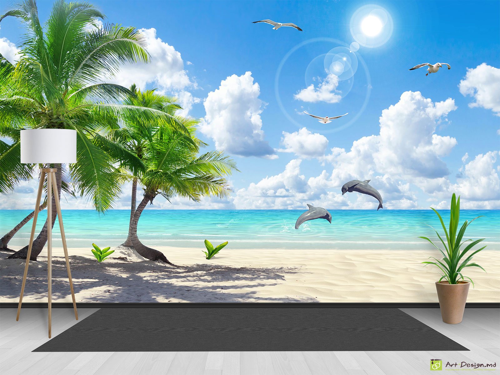 Fototapet la comanda - Plaja mare și delfinii