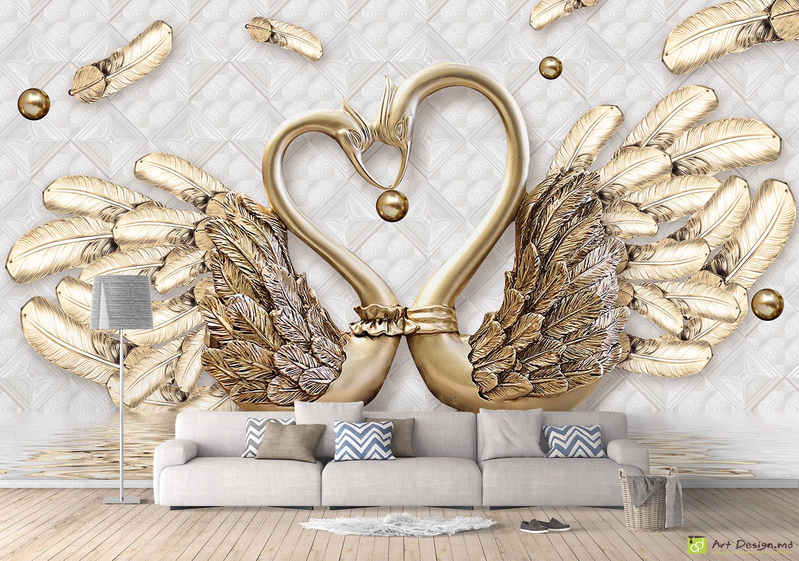 Fototapet la comanda - Lebede și pene de aur pe un fundal deschis