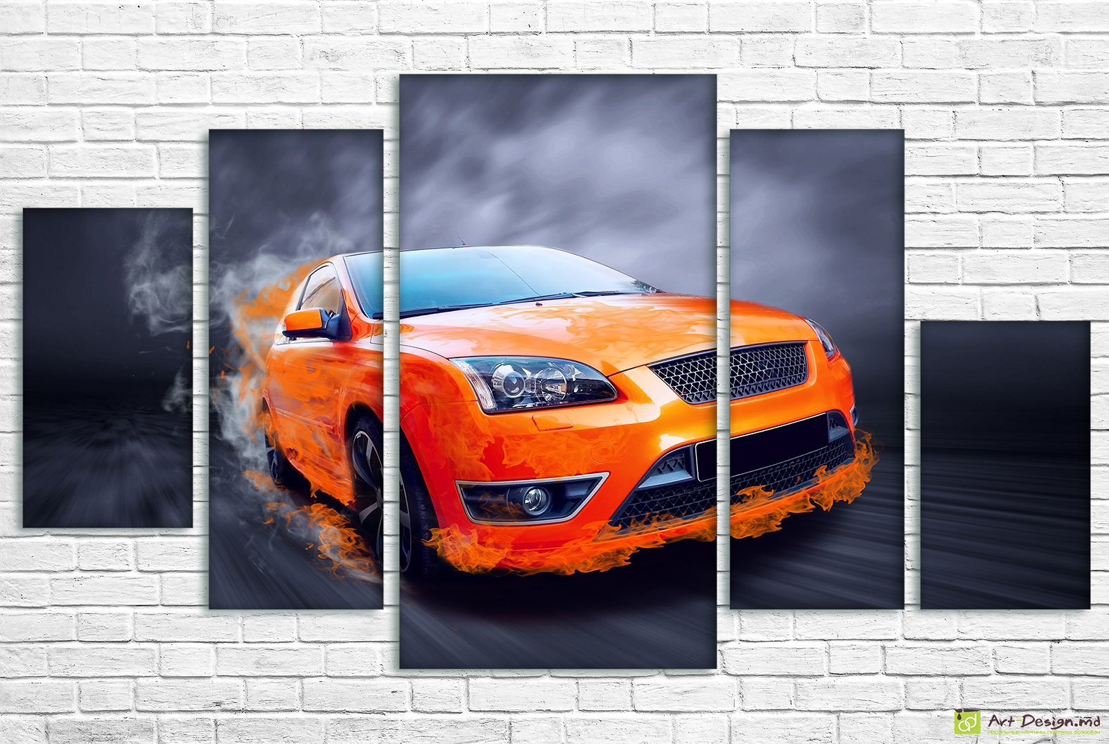 Tablou din segmente - O mașină sport portocalie in foc
