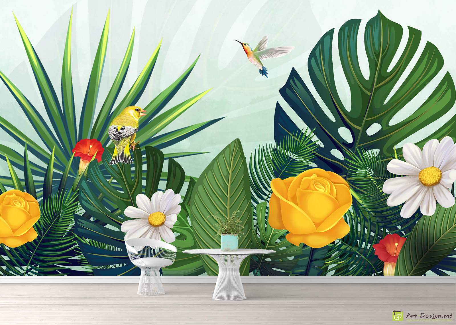 Fototapet la comanda - Buchet exotic cu păsări